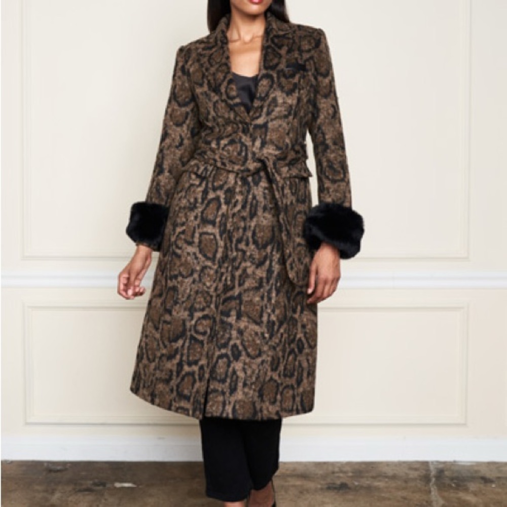 Leopard Print Long Coat with Black Removable Fur Cuffs